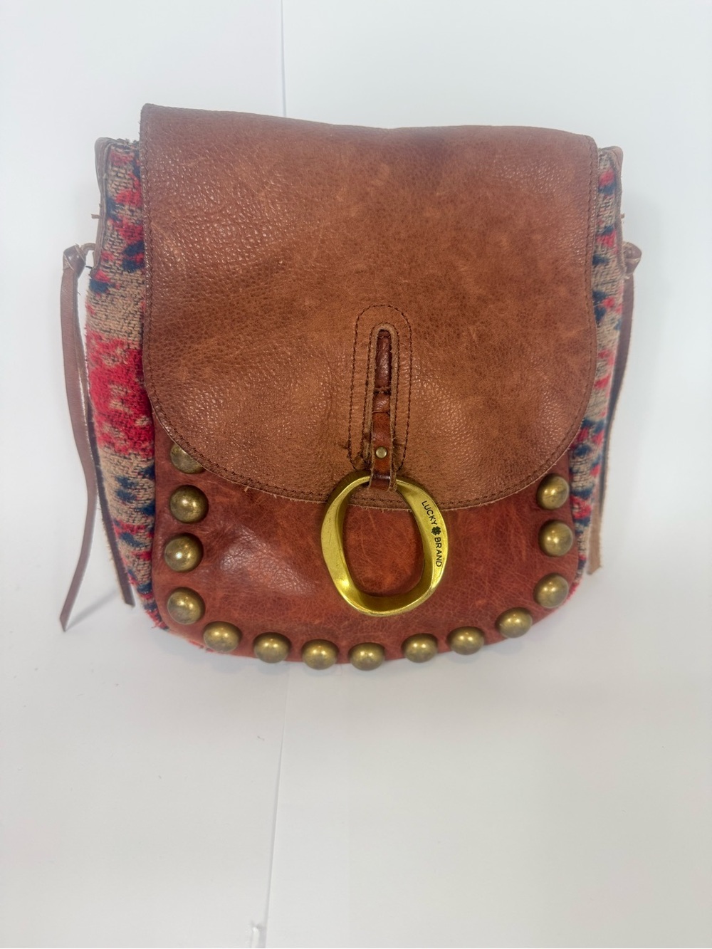 Lucky Brand Janis Wool Blend Brown Leather Boho Flap Crossbody Bag No Strap